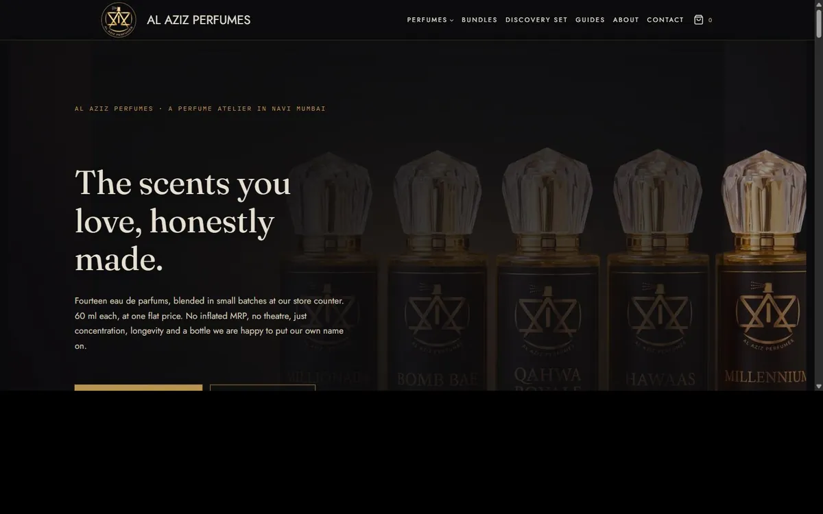 Al Aziz Perfumes storefront homepage, dark ground with the line: The scents you love, honestly made.